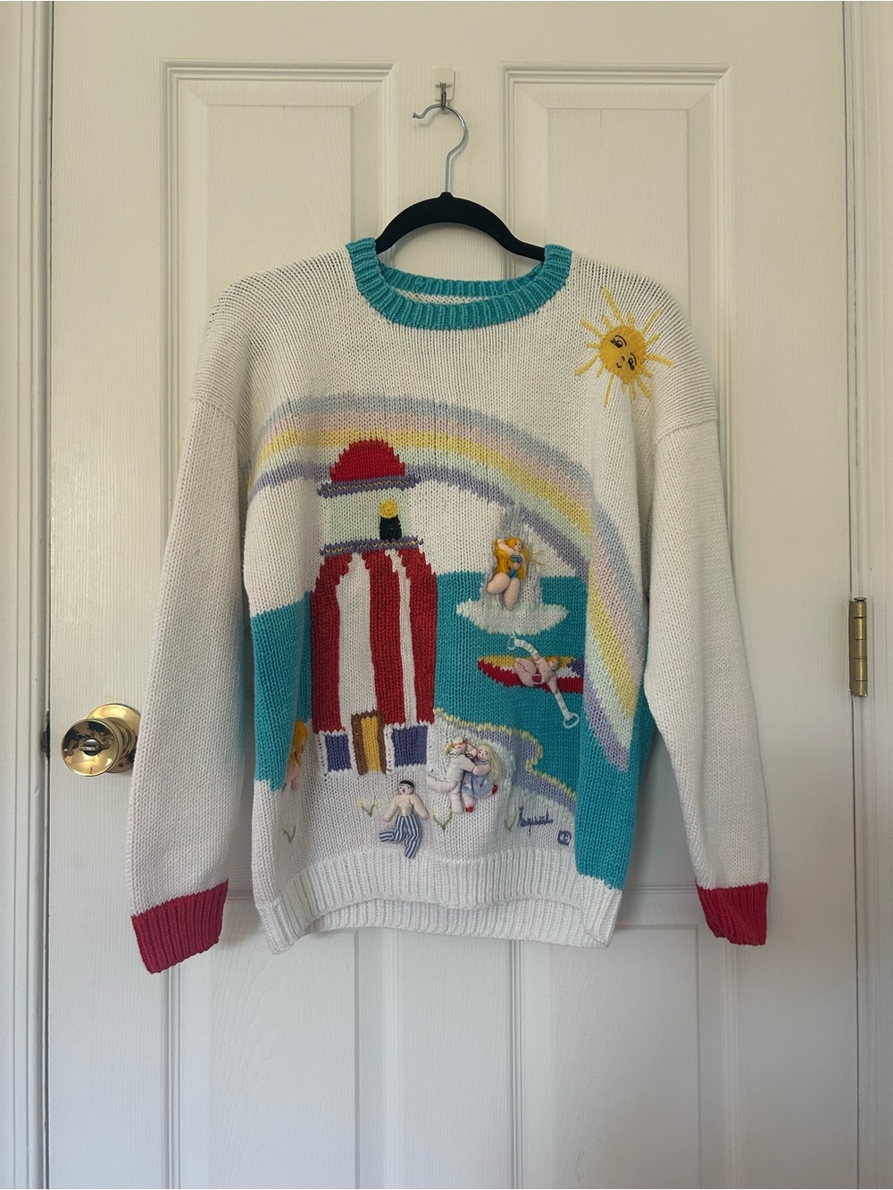 Vintage 3D Knit Sweater Beach Scene Lighthouse Rainbow Novelty Pullover